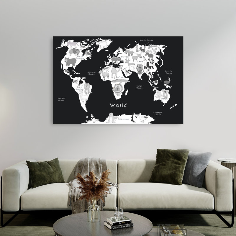 «World Animal Map», ours contemporain, éléphant, koala, faune, impression murale, H 40 po x l 60 po