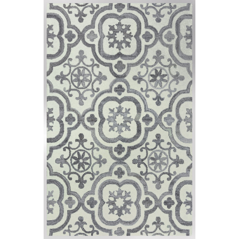 Ivoire Touffeté à la main géométrique/Tapis décoratif gris, Rectangle 8 pi 6 po x 11 pi 6 po