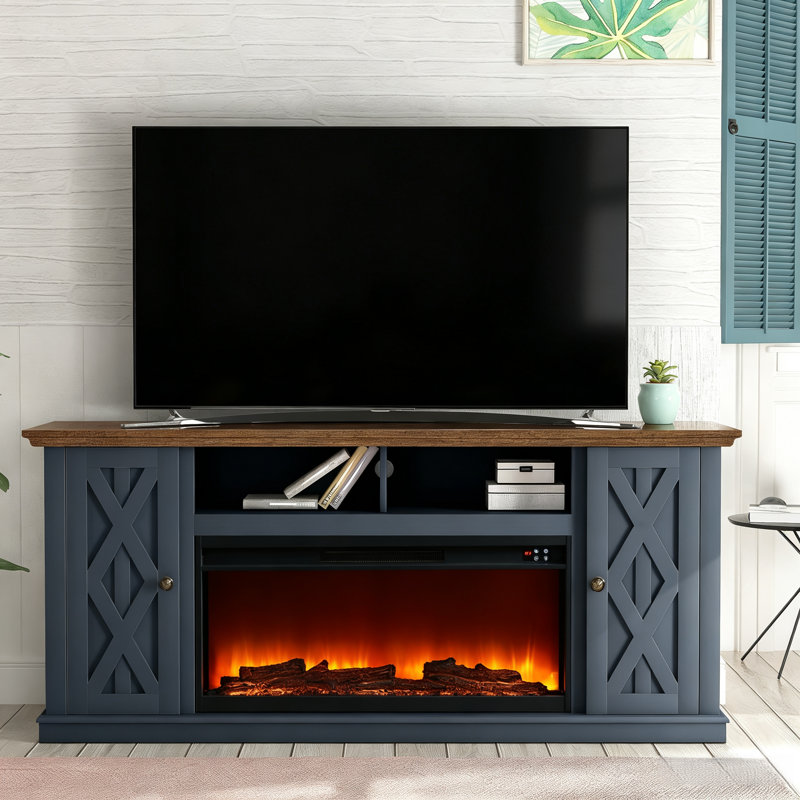 Knighten TV Stand For TVs Up To 78" With Fireplace Included, Navy/Walnut