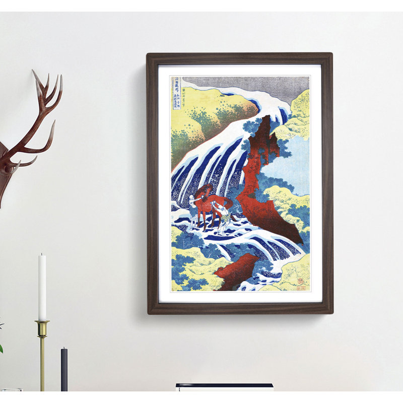 Yoshitsune Falls by Katsushika Hokusai - Picture Frame Art Print, Walnut Framed, 48cm H x 36cm W x 2cm D