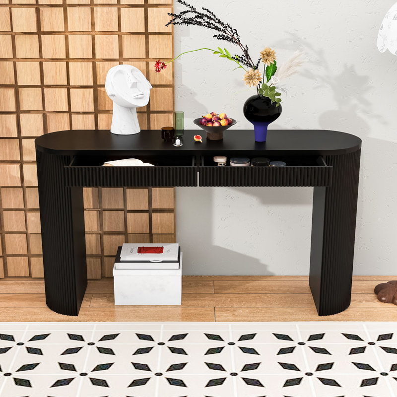Console avec grand plateau et deux tiroirs, Noir