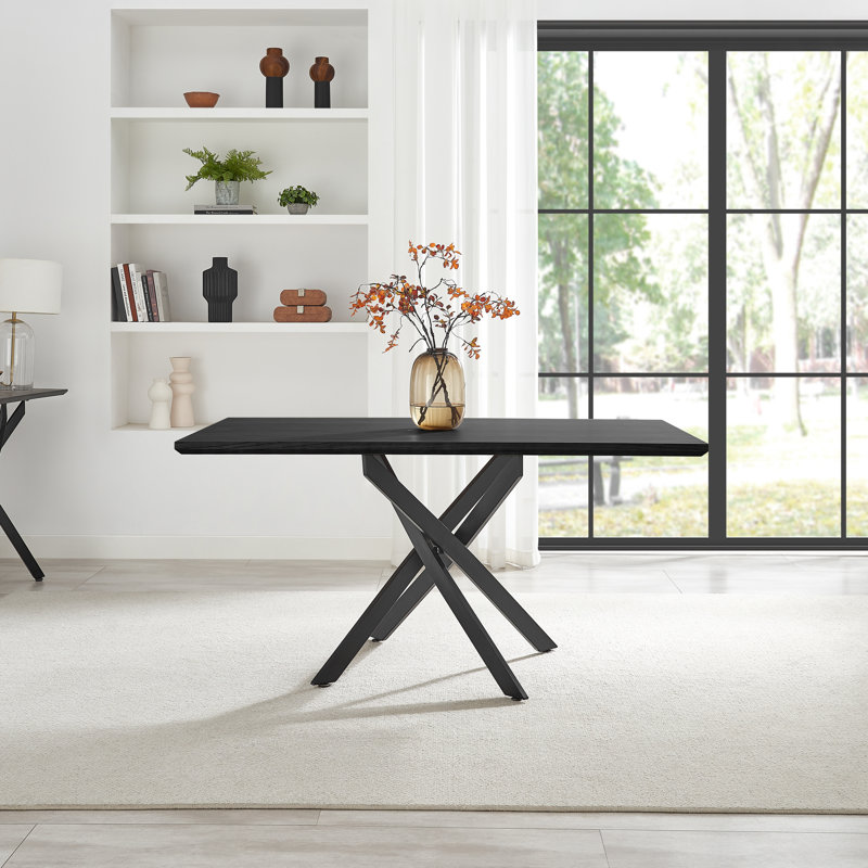 Aminata Veneer & Metal Round Dining Table With Arvey Oak Veneer Chairs - Modern Statement Design, Black, 6