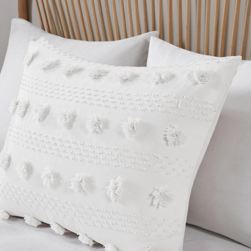 Ivory Twin/Twin XL Clipped Jacquard Duvet Cover Set with Pom Poms