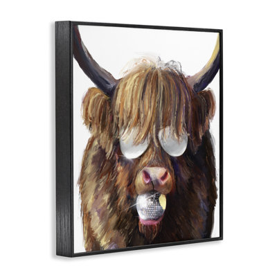 Highland Cattle with Disco Ball Framed Giclee Art, design by Kamdon Kreations