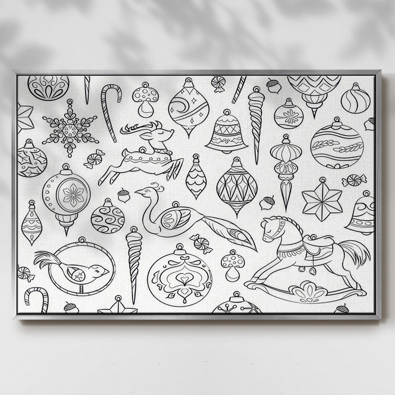 Ornements rétro encadrés sur toile, H 25 po x l 37 po x P 1,5 po, Argent