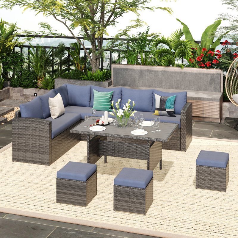 Cueva 7 Piece Rattan Sectional Seating Group with Cushions and Storage, Gray Frame/Blue Cushion