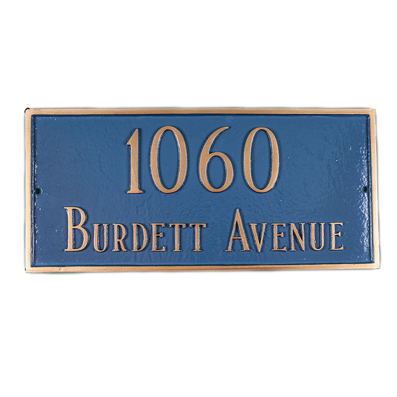 Plaque d’adresse murale sur 2 lignes Classic, Bleu de mer / doré, Oui