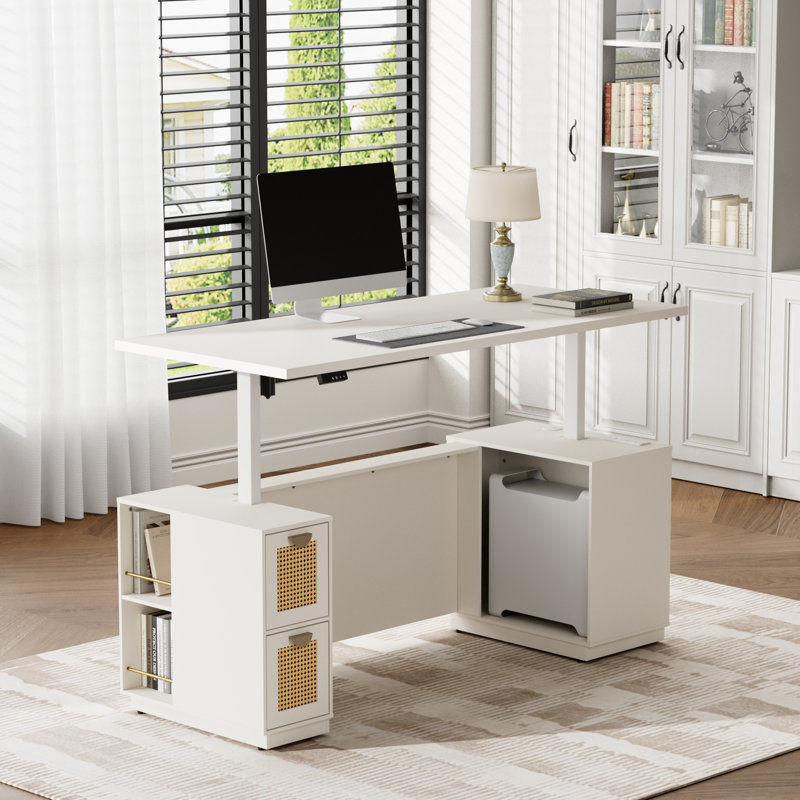 Bureau de direction moderne à hauteur ajustable en rotin électrique 71 po Adonia avec station de chargement à panneau d'intimité, 2 tiroirs et 3 rangements