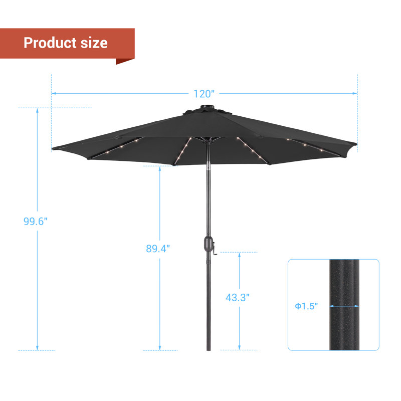Parasol de terrasse rond à DEL 10 pi avec grand auvent pour table, jardin et terrasse, Noir