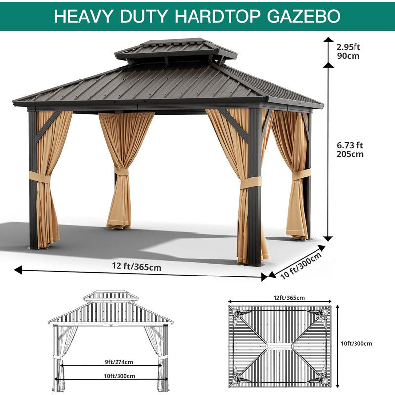 Outdoor Hardtop Gazebo, Galvanized Iron Double Vent Roof with Curtains & Netting, Aluminum Frame Pavilion for Patio, Lawn, Deck, Garden