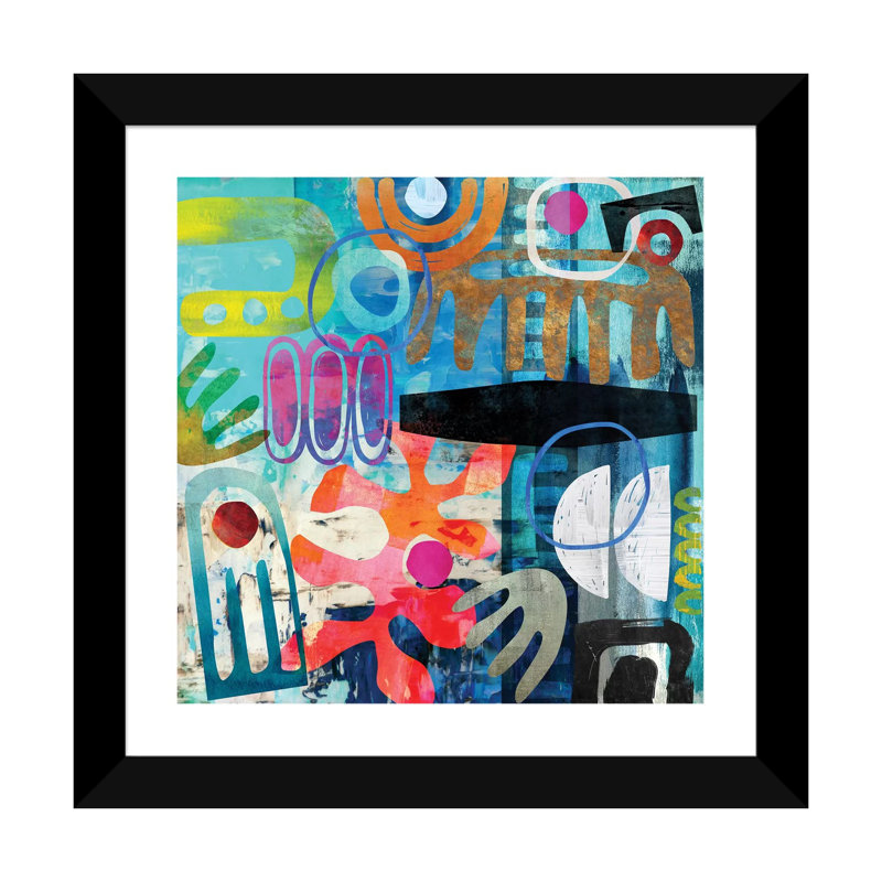 Tribal abstrait bleu par Nikki Chu - imprimé, Cadre noir, H 16 po x l 16 po x P 1 po