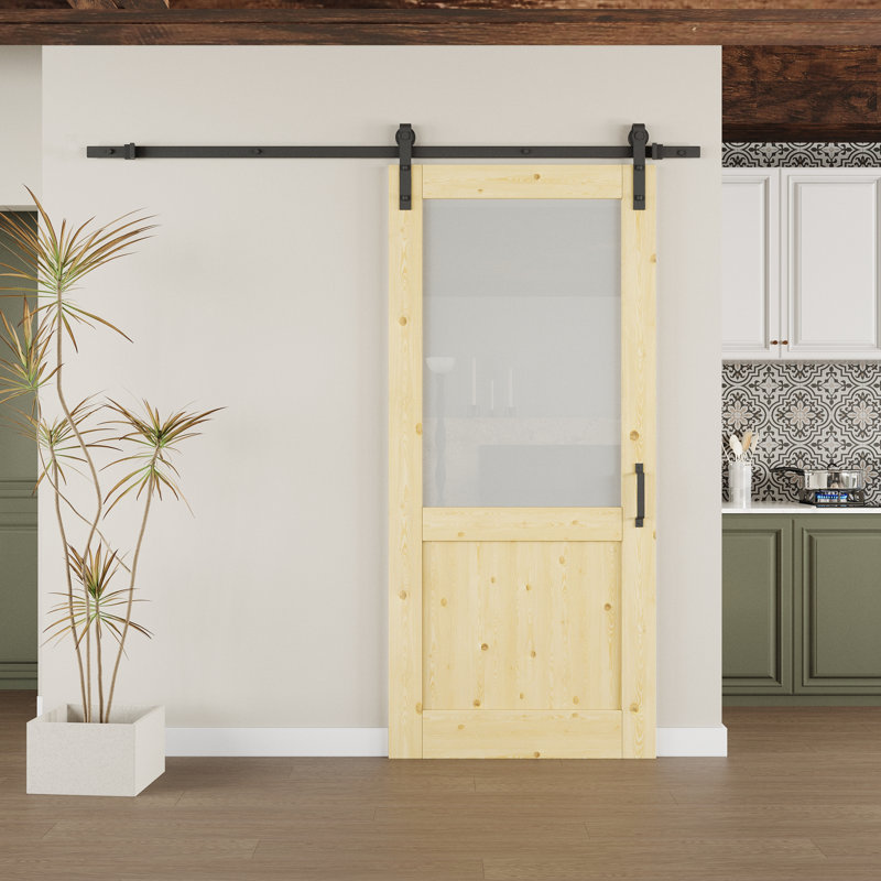 Solid Pine And Frosted Glass Sliding Barn Door With Installation Hardware Kit(No Assembly Required), 36" x 80"