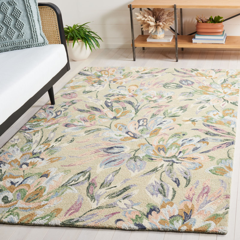 Tapis en laine / coton touffeté à la main Lyia - bleu / vert / beige, Rectangle 10 po x 14 po