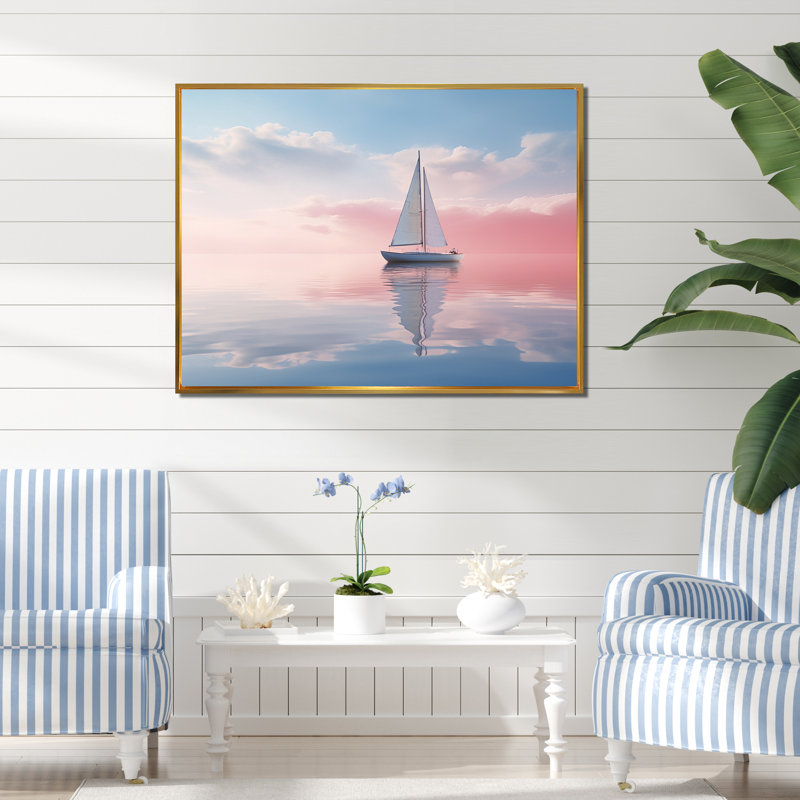 Voilier, tranquillité, pastel, coucher de soleil, réflexion sur toile, 16" H x 32" W, Cadre flottant doré