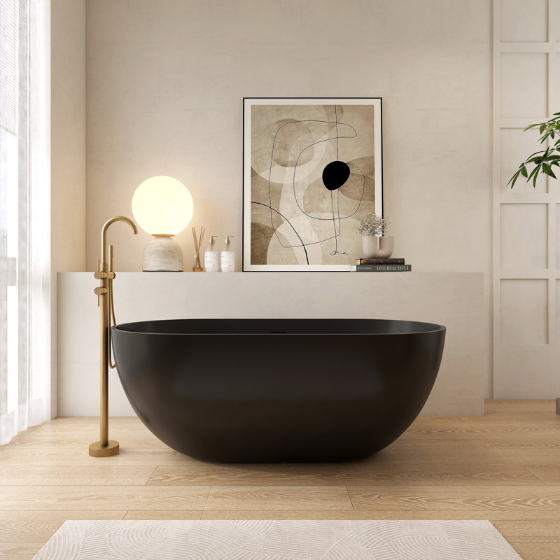 Oval Solid Surface Bathtub, Freestanding Soaking Bathtub, Matte Black