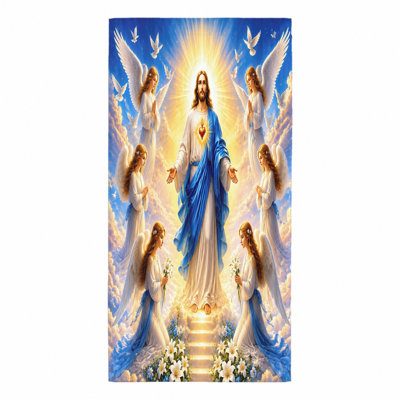 1Pcs Religious Jesus with Angels Beach Towel, featuring a divine scene surrounded by angelic figures and doves, suitable for, travel, home decor, unisex.