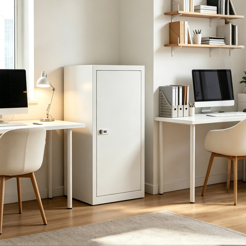 Armoire de rangement métallique autoportante blanche avec serrure à combinaison, casier en acier à une porte, 2 étagères réglables et pieds de nivellement pour la maison et le bureau
