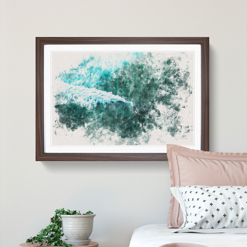 Surfers in the Ocean Watercolour - Picture Frame Graphic Art Print, Walnut Framed, 36cm H x 48cm W x 2cm D