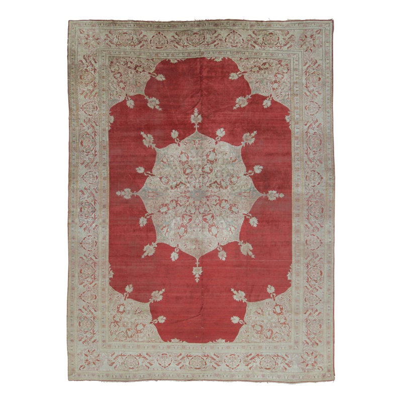 Antique   Rug In Red With Ivory Florals And Medallion - Rug & Kilim