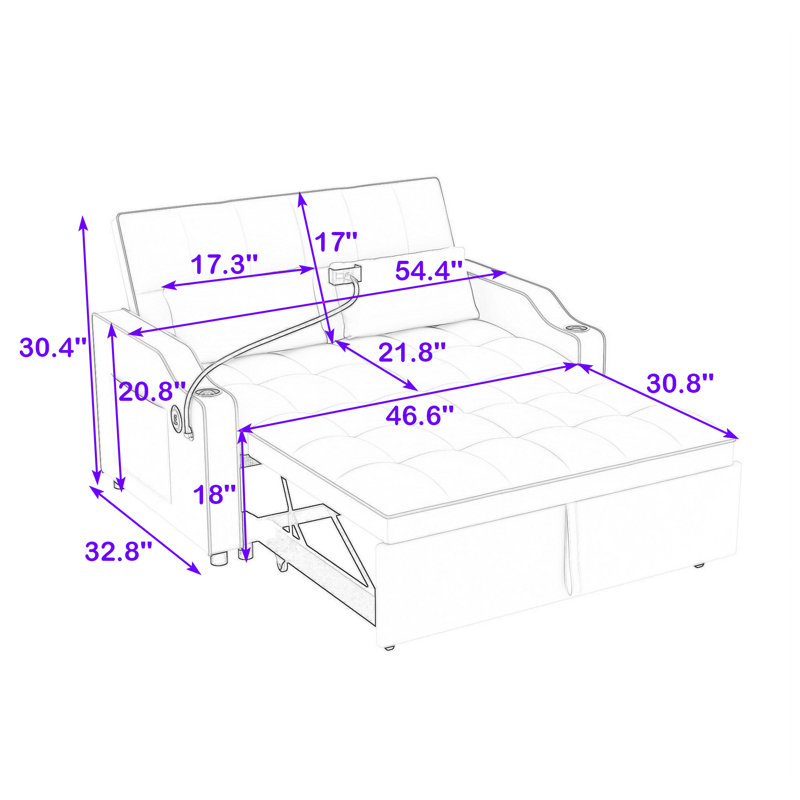 Florencia Versatile Adjustable Futon Sofa Bed with USB Charging Ports, 2 Pillows and Phone Stand, Beige