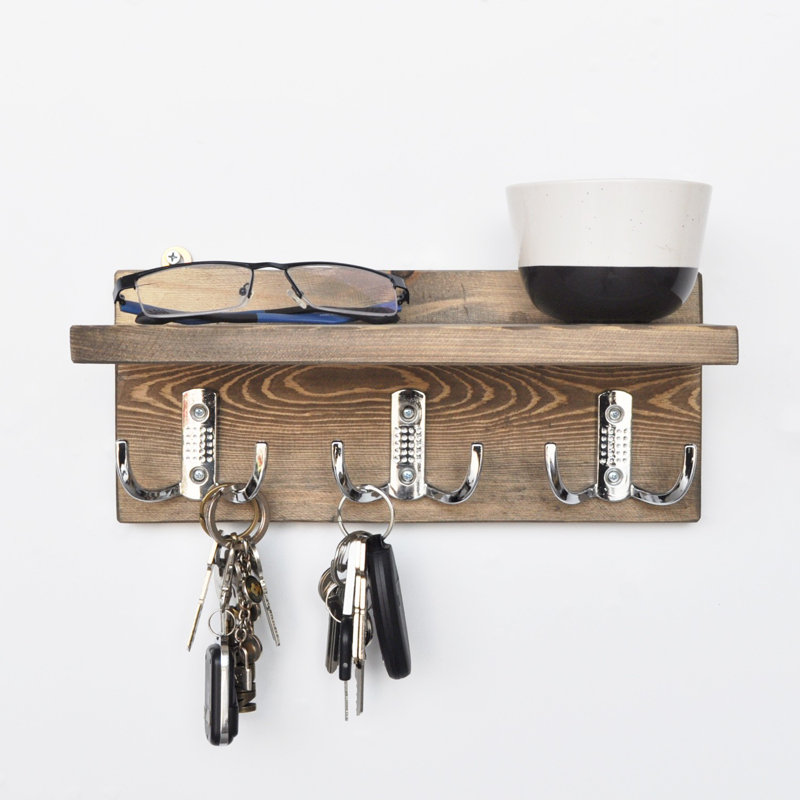Handmade Wall Shelf with Hanging Key Rack, 11.8 x 5.1 x 4.3 Inches | 100% Spruce Wood, Rustic Walnut Finish | Assembled, Perfect for Entryway, Living Room & Home Organization | Stylish & Functional Design