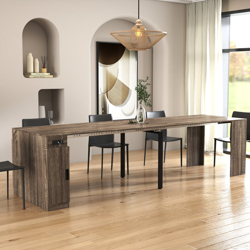 118''-23.62'' Multifunctional Extendable Dining Table With Outlet, Space Saving Kitchen Table With 5 Extension Panels, Brown
