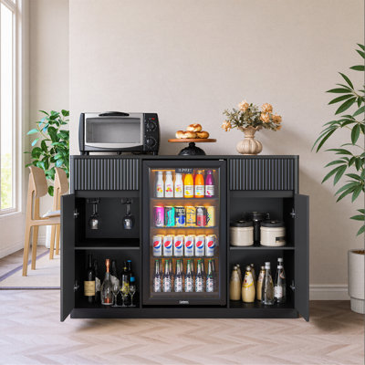 53.2"Fluted Buffet Wine Cabinet with Mini Fridge Nook (Fridge Not Included), Charging Station&Adjustable Shelves, Sideboard Storage Cabinet for Kitchen Living Room,Black