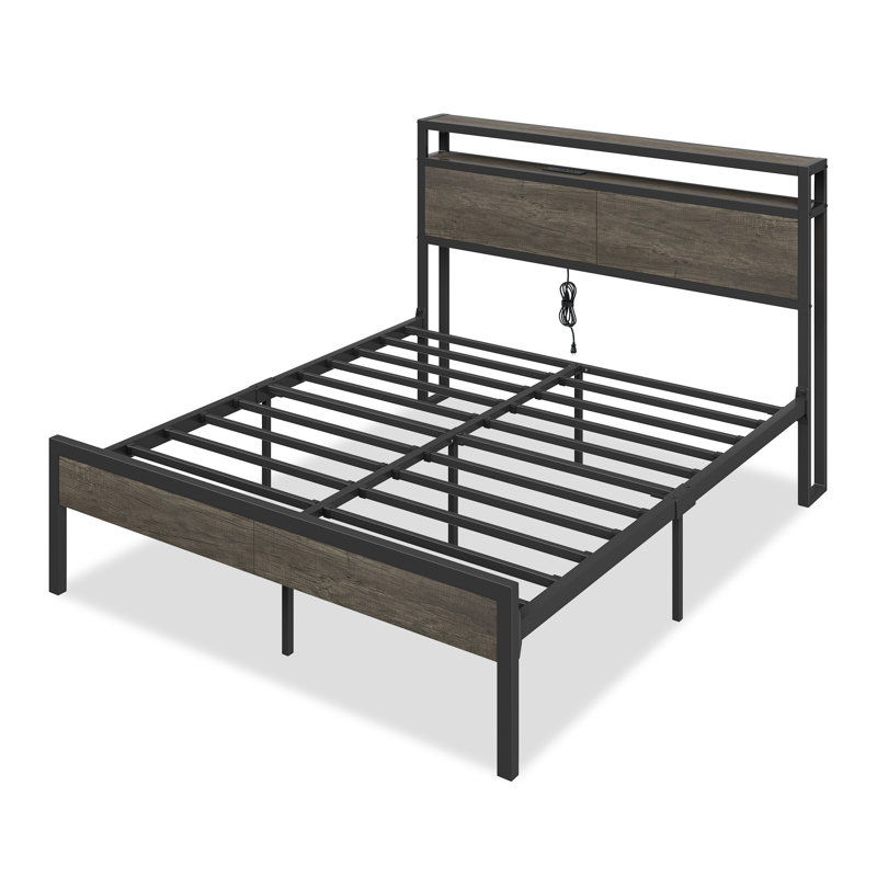 Structure de lit double avec tête de lit et station de charge Tryston, gris, Double, Grey