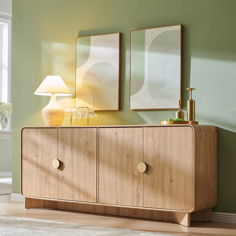  Modern Curved Sideboard, 70" Large Sideboard Storage Cabinet with 4-Door Cabinetry and Adjustable Shelves, Natural