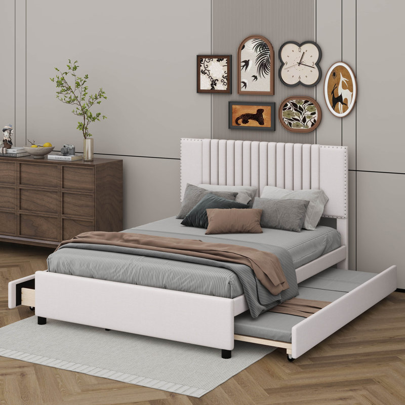 Lit plateforme avec tête de lit rembourrée et 2 tiroirs intégrés, Beige, Full