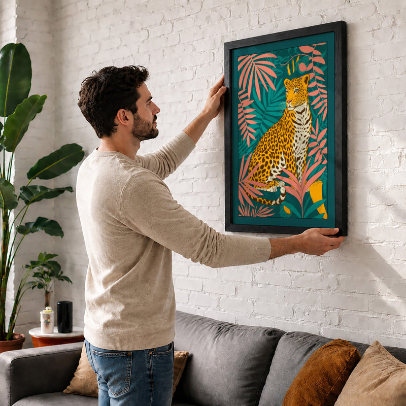 Leopard Among Leaves Eclectic 1 Piece Single Picture Frame Wall Art, A3 - 42.0 x 29.7 cm, Black