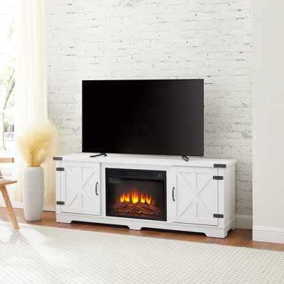 Meuble audio-vidéo moderne avec foyer encastré, pour téléviseur de 70 po ou moins, meuble télé blanc avec tablettes réglables, foyer de 23 po, téléviseur de 70 po, armoire fonctionnelle et rangement