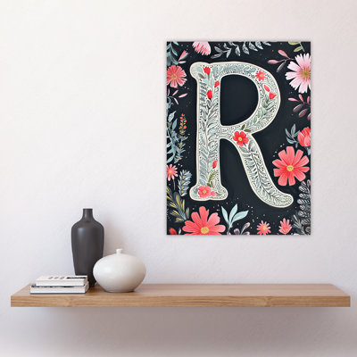 Wall Art Print Letter R in Flowers Watercolour Bold Leaves Floral Word Art Poster