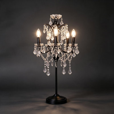 5-Light Farmhouse Crystal Table Lamp With Candelabra Design, Traditional Black Craft Lighting Fixture For Living Room, Bedroom, Office