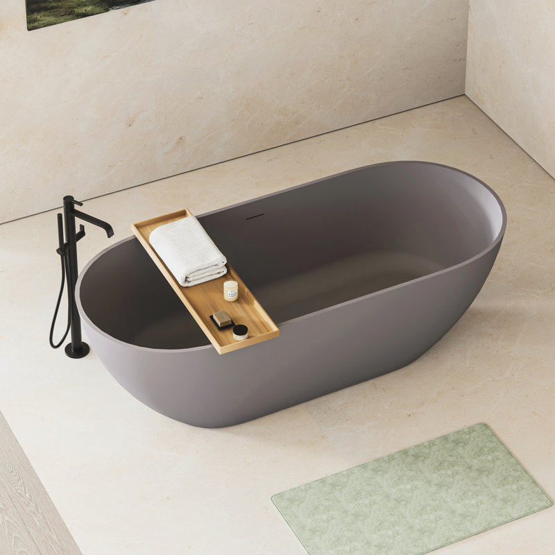 Freestanding 63 - Inch Solid Surface Soaking Bathtub With Matte Grey Color, Overflow And Center Drain, Approval Spacious, Inch, Luxury, Freestanding, Bathtub, Grey, Surface, Overflow, Pop Up High End