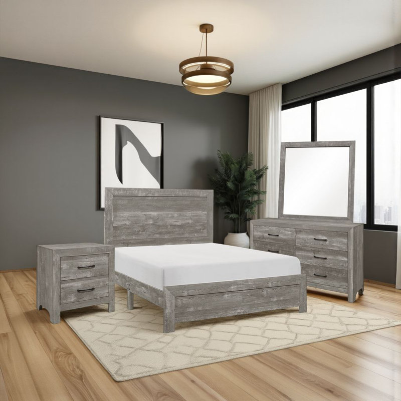 Ensemble de chambre à coucher pour très grand lit 4 pièces Ko, détails en panneaux, poignées en métal noir, gris rustique