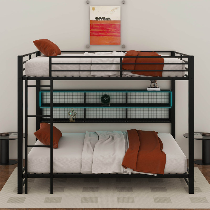 Metal Queen Over Queen Bunk Bed With Storage Cabinets And LED