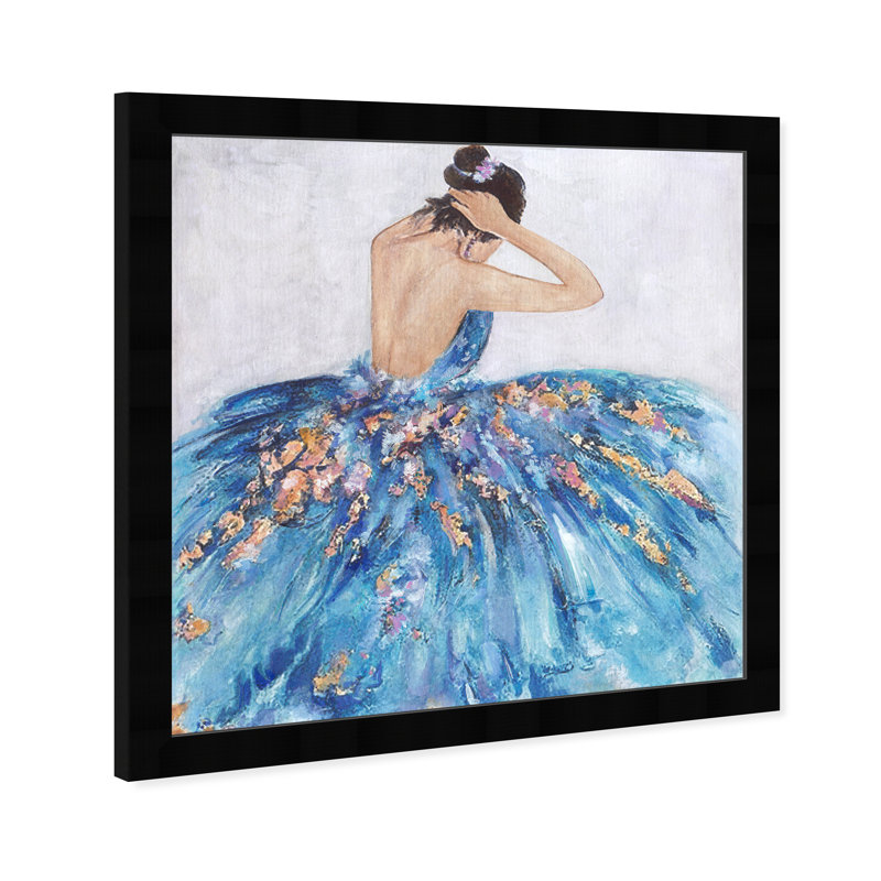 Bleu et festif - Peinture sur papier, Papier avec cadre noir, H 16 po x l 16 po