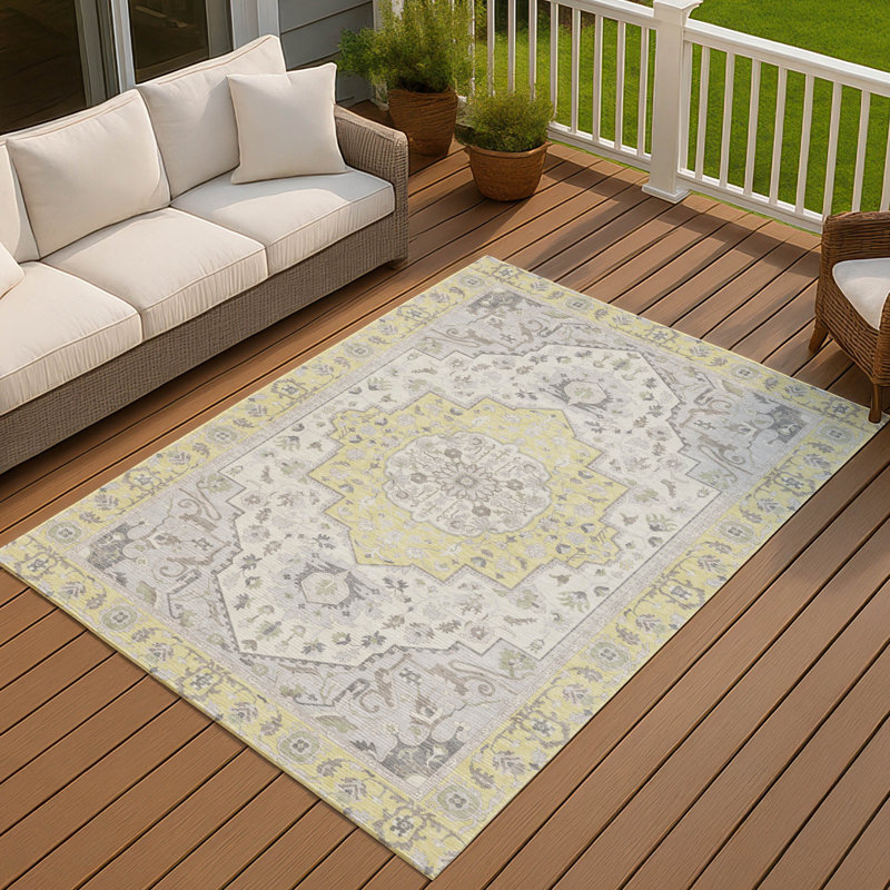 Machine Washable Indoor/Outdoor Chantille ACN2674 Global Rug, Yellow, 5' x 7'6"