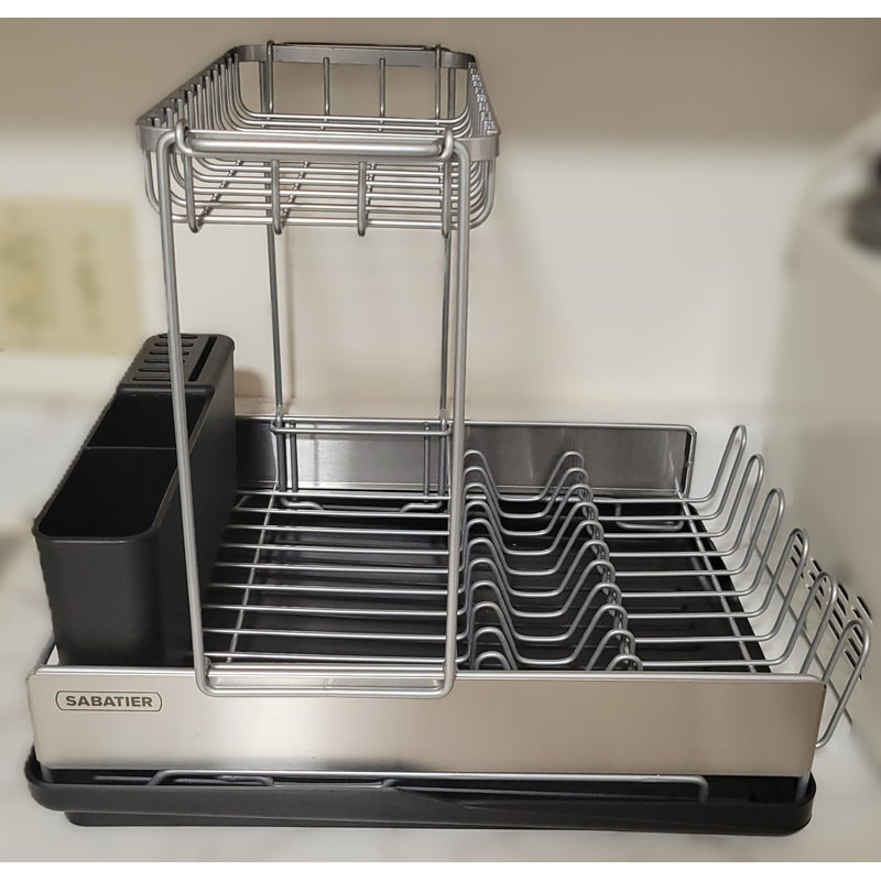 Utensil Caddy Compact Dish Drying Rack  With Second Tier, Rust Resistant Wires And Angled Drain Board To Dry Plates, Bowls, Cups And Flatware,Silver And Black,16.8In D X 13In W X 14.2In H