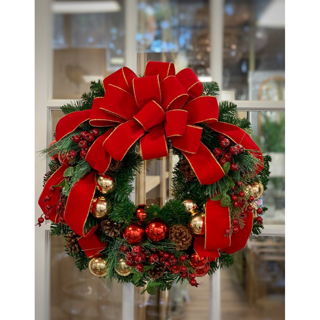 Holiday Wreath with Red and Gold Ornaments, Berries, Pinecones and Ribbon