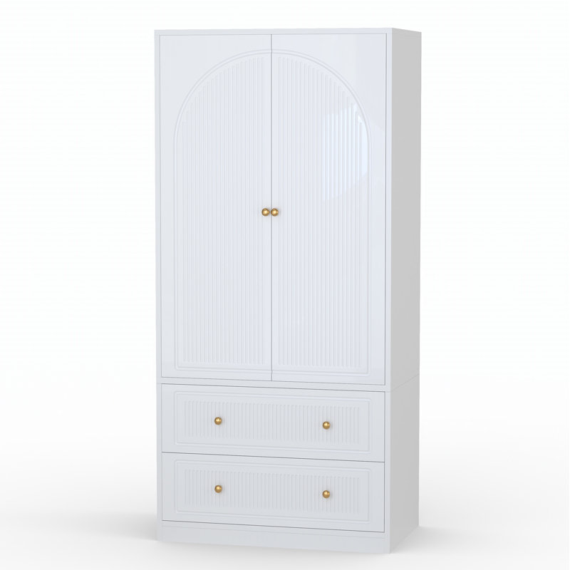 Armoire Wardrobe Closet, Tall Wardrobe Cabinet With 2 Fluted Doors And 2 Storage Drawers, Hanging Rod Closet For Bedroom, White