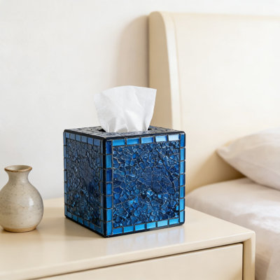 Mosaic Glass Tissue Box Cover - Decorative Square Tissue Dispenser Holder For Bathroom, Bedroom, And Living Room Decor