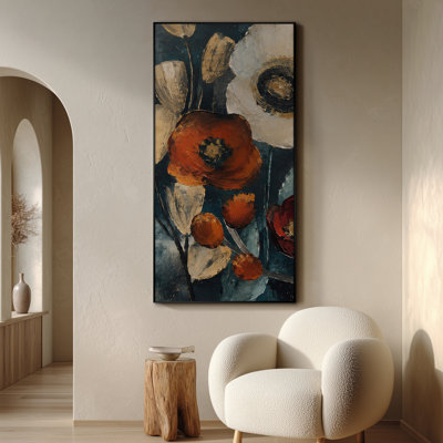 Très grande reproduction d'art sur toile - Coquelicots en fleurs au bord de la mer avec rivage rocheux, ciel coucher de soleil doré et fleurs sauvages au premier plan pour le salon ou la chambre à coucher - «Assemblage requis (cadre non fini)»