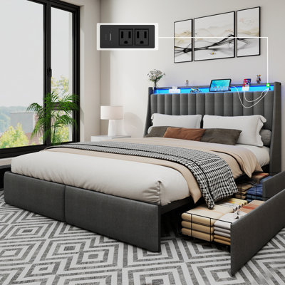 Lorisa Upholstered Storage Bed Frame with Headboard, LED Bed Frame with Drawers and Charging Station