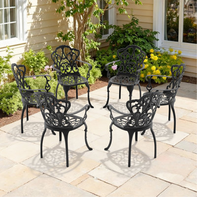 Chaise de patio en aluminium 6 pièces avec cadre noir et coussins blanc cassé