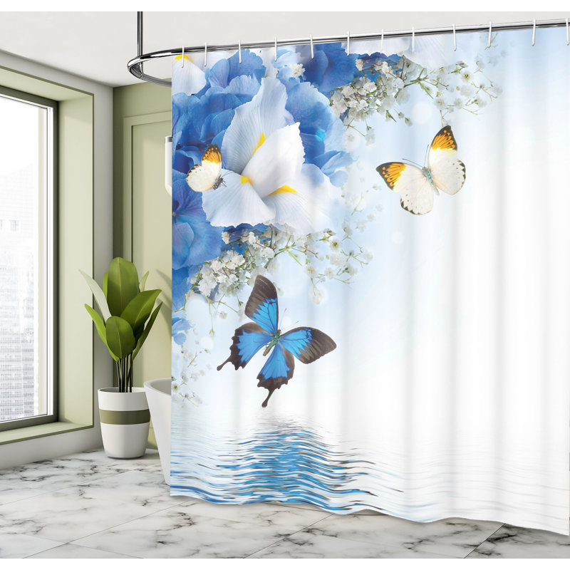 Ensemble de rideau de douche floral et crochets, H 75 po x l 69 po, Bleu blanc