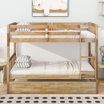 Lit superposé simple au-dessus de simple en bois d'hévéa avec lit gigogne, convertible en 2 lits simples, lit superposé simple avec échelle et barrières de sécurité, naturel