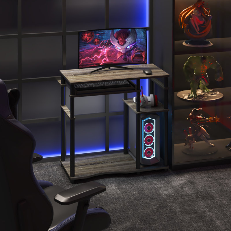 Table de bureau d'ordinateur avec 2 tablettes pour le rangement de bureau et de salon peu encombrant, chêne français gris / noir