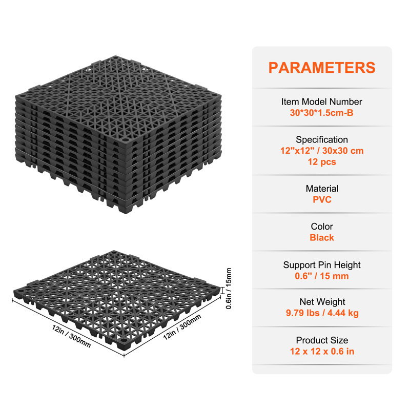 Black 12'' x 12'' PVC Interlocking Drainage Floor Tiles